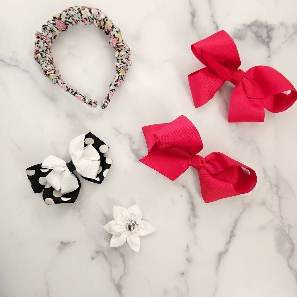Bright bed red bow floral headband polka dot white satin rhinestone floral hair